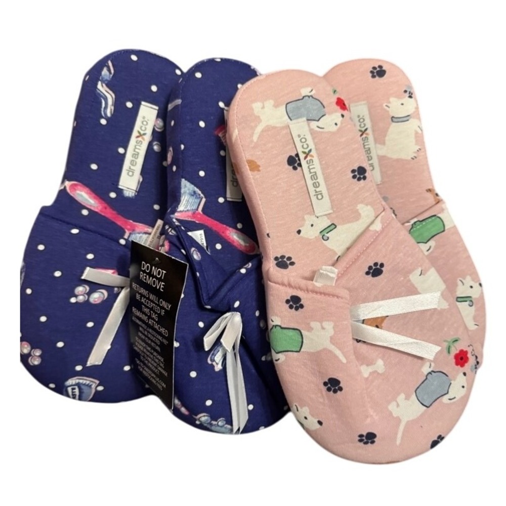Dreams Co Slippers Womens M 7 8 Pink Dog Paw Print Blue Toothbrush Sleepwear 2x